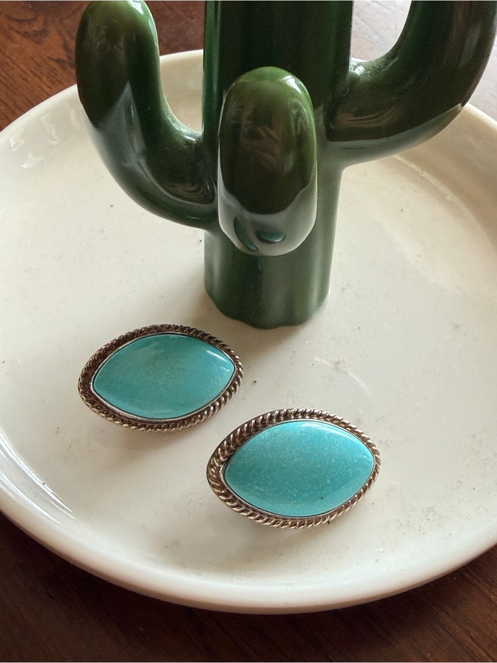 925 Silver Turquoise Marquise Rope Details RARE Clip-On Earrings - Stamped